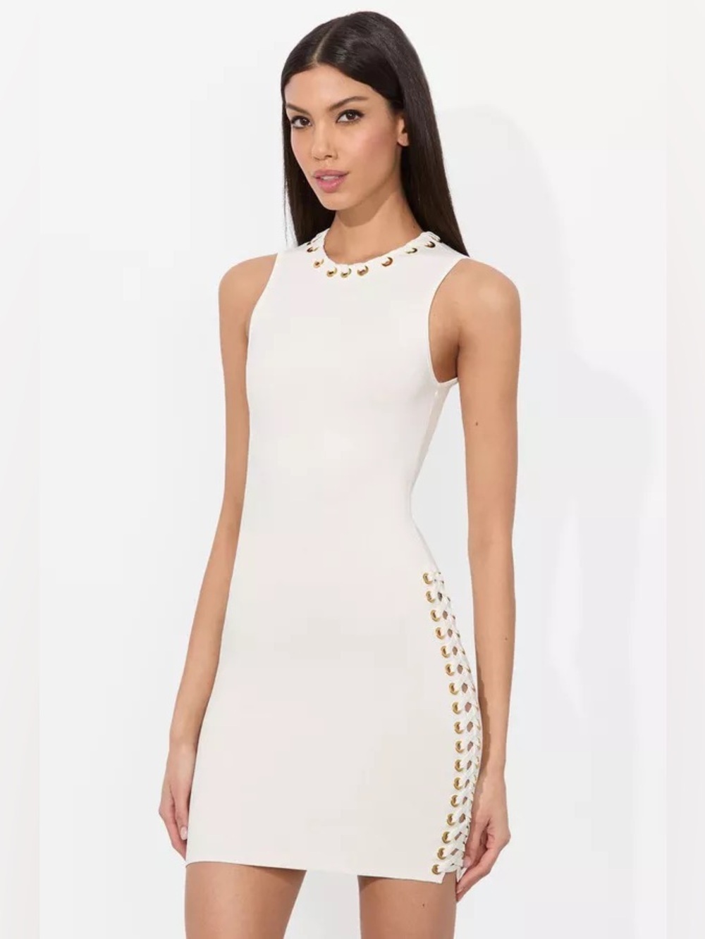 ALICE + OLIVIA KYLIN Cream Bodycon Dress with Grommets & Side Lace Up Ties